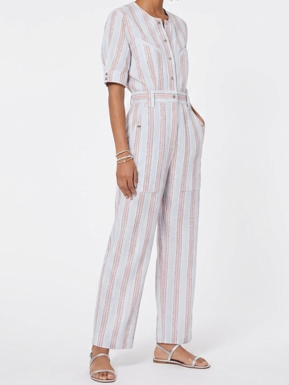 IRO Paris Revi Striped Linen Blend Short Sleeve Jumpsuit White Orange Size 6